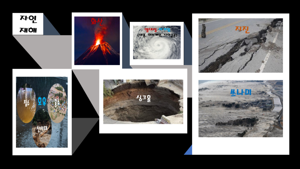 자연재해 - 지질 (화산, 지진, 쓰나미, 싱크홀), 기상 (태풍, 집중호우)